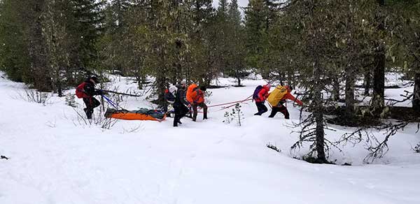 Multiple search and rescue personnel guide a sked in the snow among trees