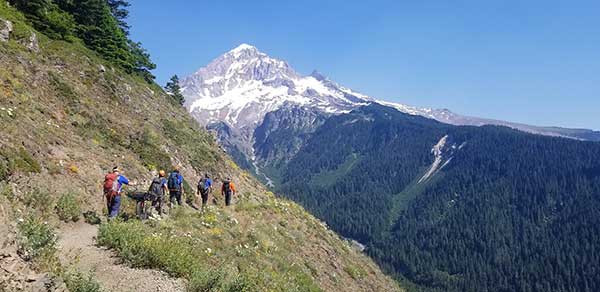 Five search and rescuers hike and guide a litter along a trail on a mountainside with a snow-capped mountain in the background